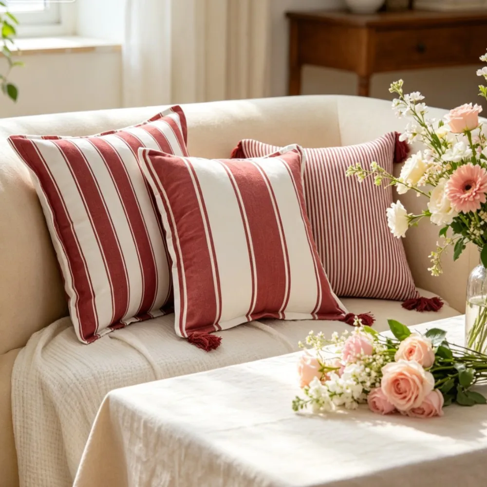 1/2pcs Red & White Striped 45x45cm Square Pillow Covers - Countryside Cushion Cases for Home Couch Bed Sofa Gift Pillowcase