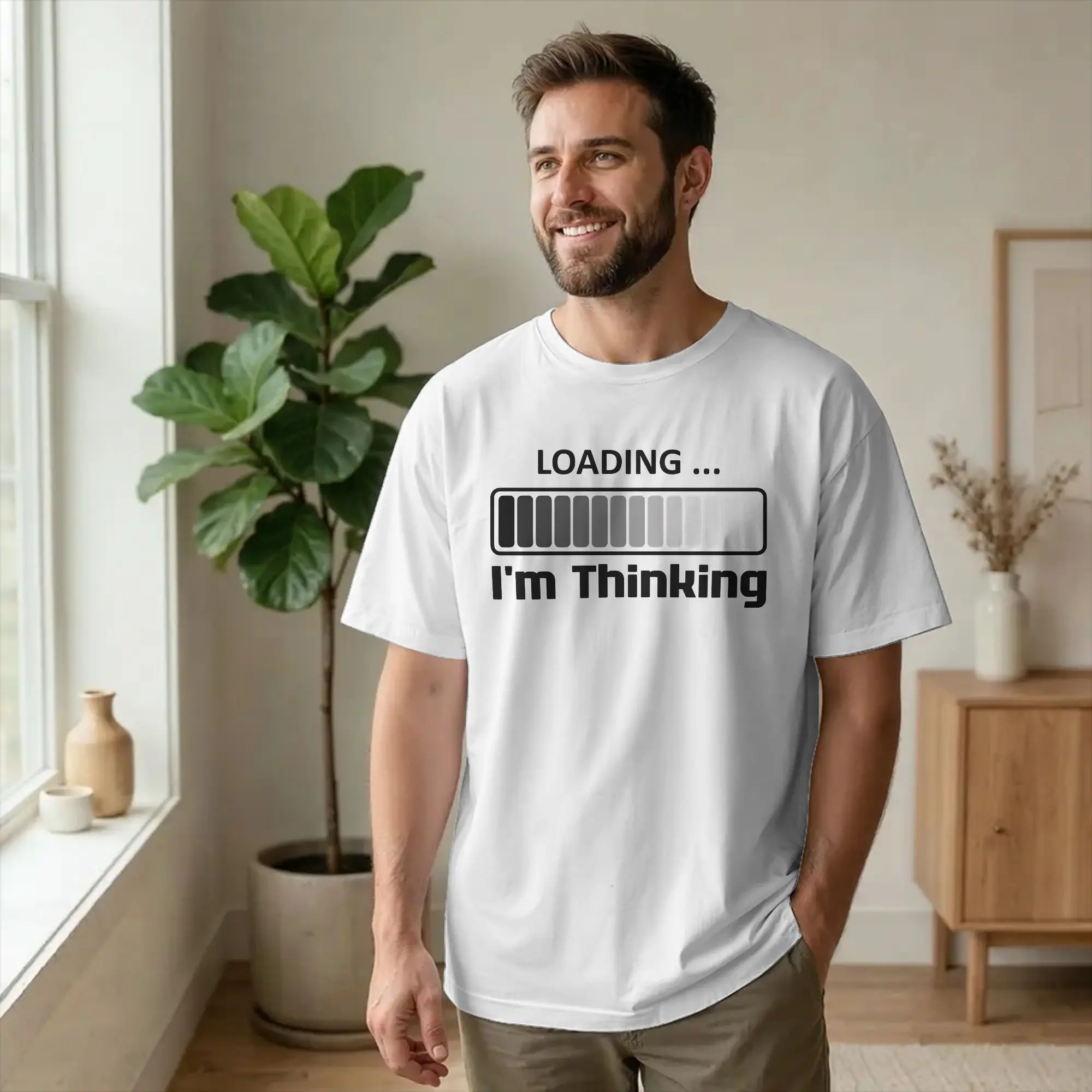 Casual I'm Thinking  Now Loading T-Shirt Men Cotton Short Sleeve  Round Neck Summer Tops Shirts