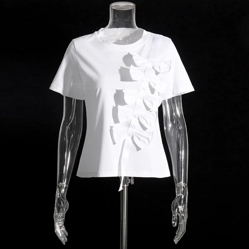 HKSH Sommer Neue Frauen T-shirt Oansatz Kurzarm Asymmetrische Bogen Dekoration Sinn Für Design Ins Trendy Casual Vielseitig T HK12181