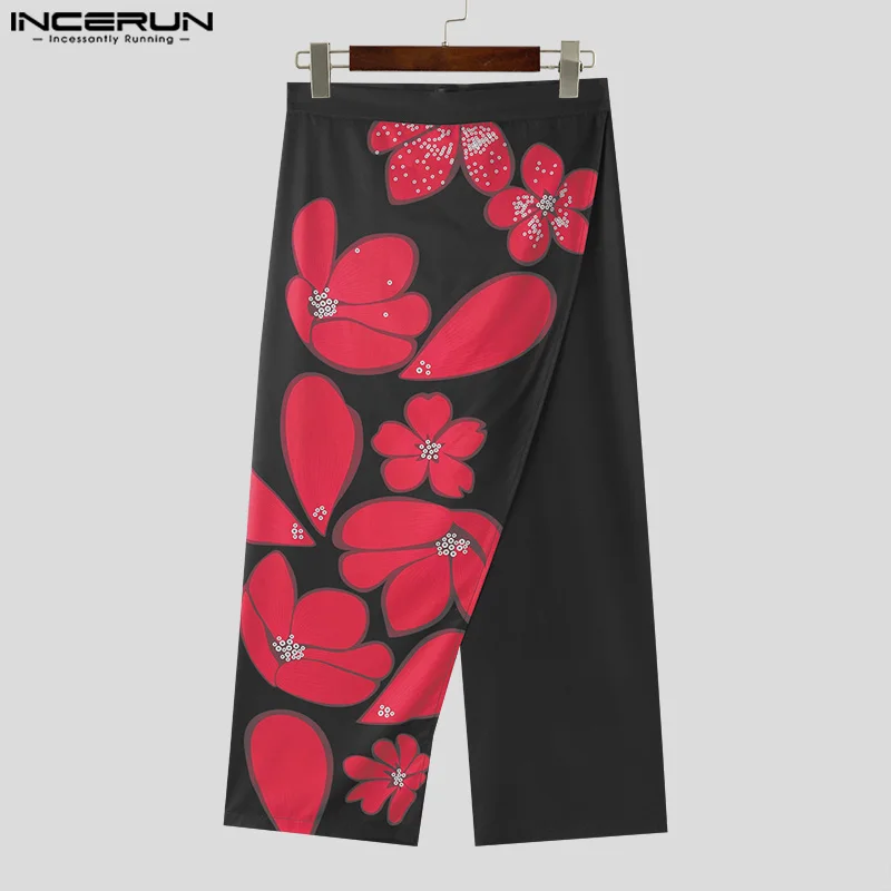 INCERUN Men Irregular Pants Flower Printing Zipper Loose Casual Trousers Men Streetwear 2024 Personality Fashion Male Long Pants