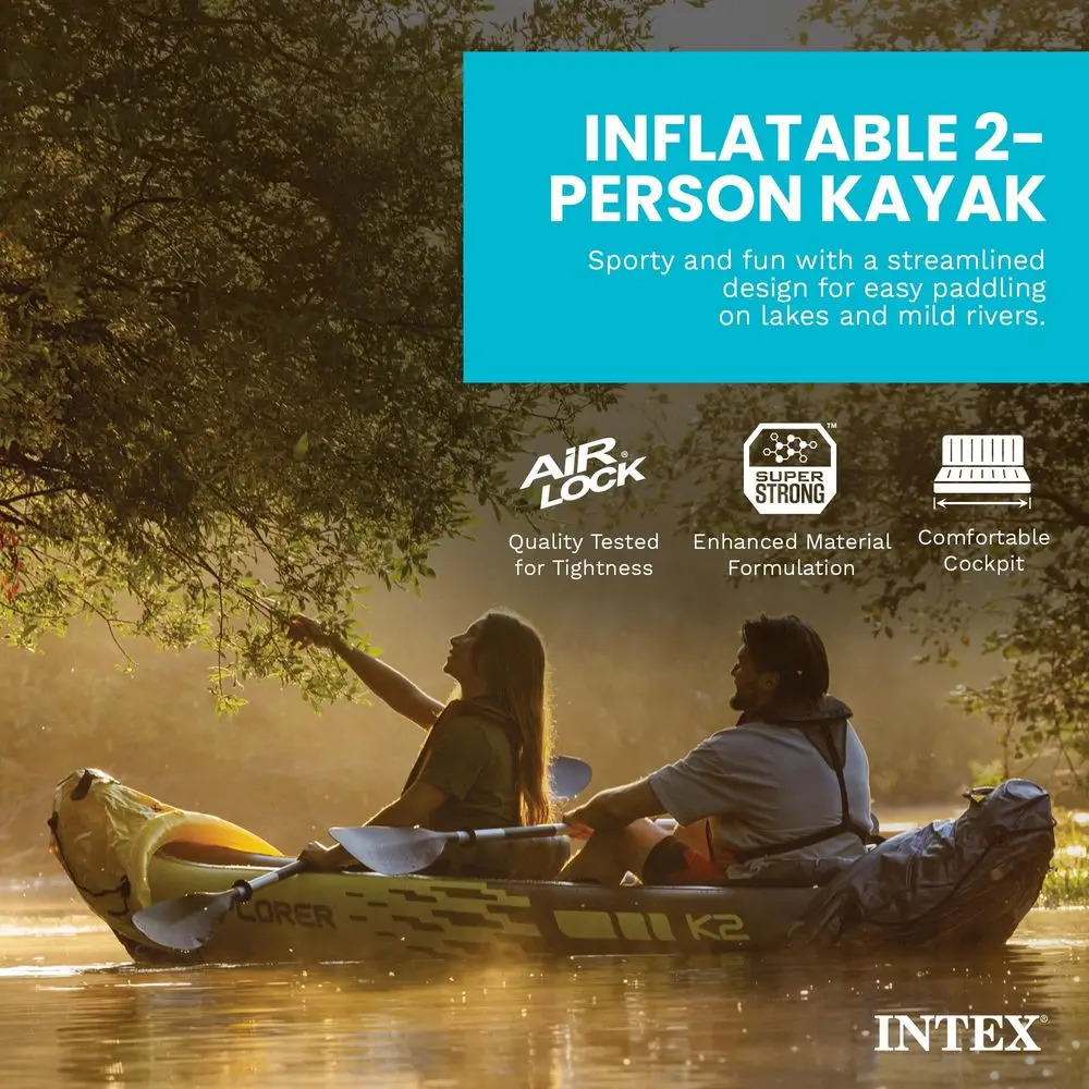 

68307EP Explorer K2 Inflatable Kayak Set Includes Deluxe 86in Aluminum Oars and HighOutput Pump SuperStrong PVC Adjustable Seat