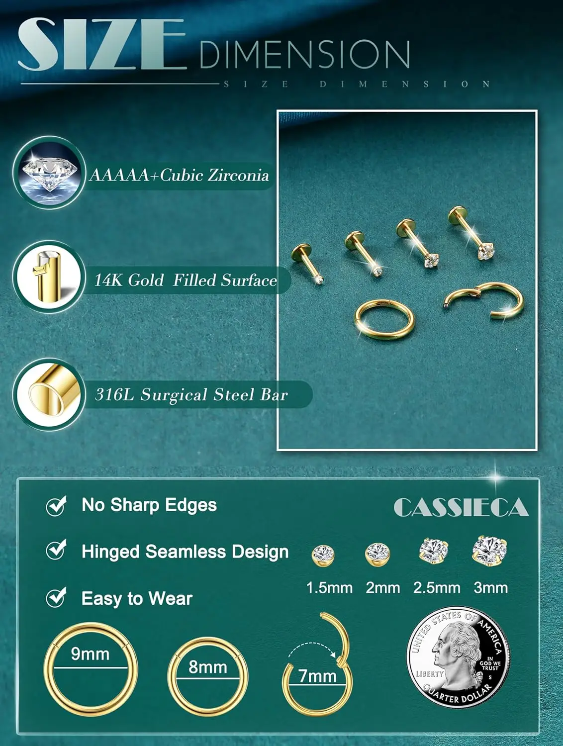 11 قطعة 14K الذهب معبأ شقة الظهر الأنف ترصيع للنساء الرجال تشيكوسلوفاكيا الأنف خواتم الأطواق اللولب مسمار الشفاه الحاجز الدائري هيئة ثقب المجوهرات #3