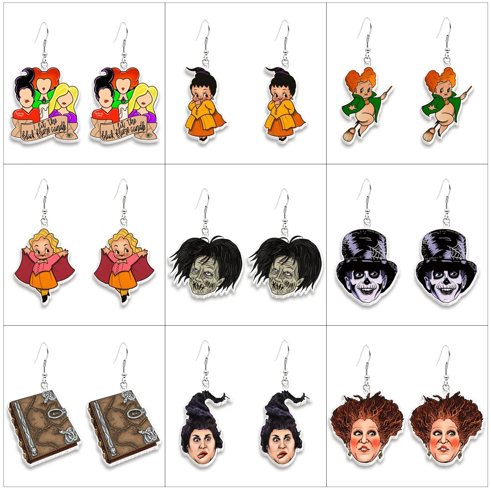 Boucles d'oreilles colorées en acrylique Hocus Pocus pour femmes et filles, crochet d'oreille drôle, bijoux de film d'Halloween, cadeaux spéciaux, pendentif de confrontation