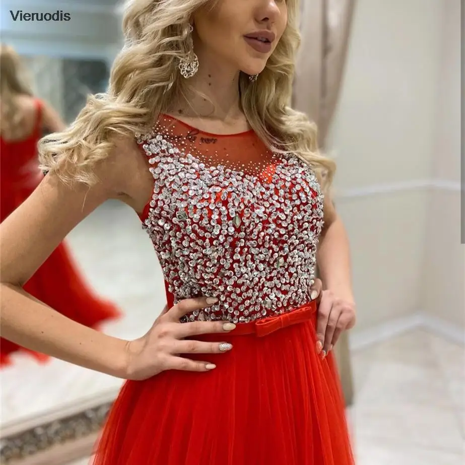 فستان سهرة أحمر على شكل حرف a رقبة دائرية بدون أكمام دانتيل مطرز خرز شيفون فيونكة بدون ظهر طول الأرض ذيل محكمة فستان حفلات 2022 #5