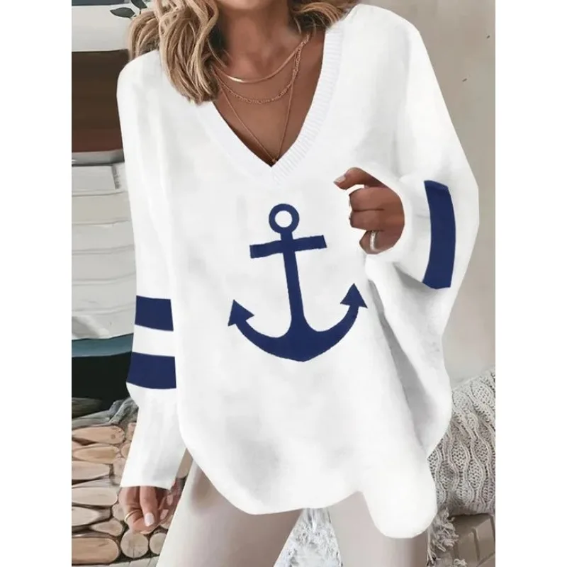 V-neck Jumpers Sweater Autumn Candy Colors Y2K Rudder Print Loose Sweater Women Long Sleeve Casual Soft Pullovers Sweater