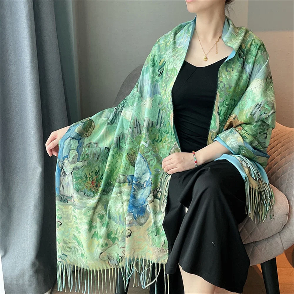 

2024 Autumn/Winter fashion Van Gogh oil painting imitated cashmere fringe scarf for women Autumn/Winter warm long shawl