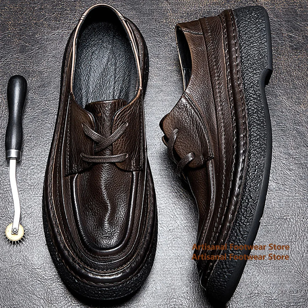 Vintage Cowhide Low-Top Shoes Soft Leather Soft-Soled Casual Leather Shoes British Style Breathable Leather Handmade Men's Shoes