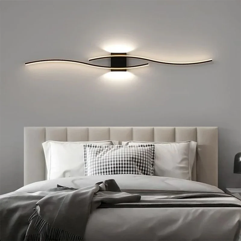 

Modern LED Strip Wall Lamp Double Curve Remote Control Light Bedside Decor Black Gold Wall Sconces Living Room Bedroom Led Fixtu