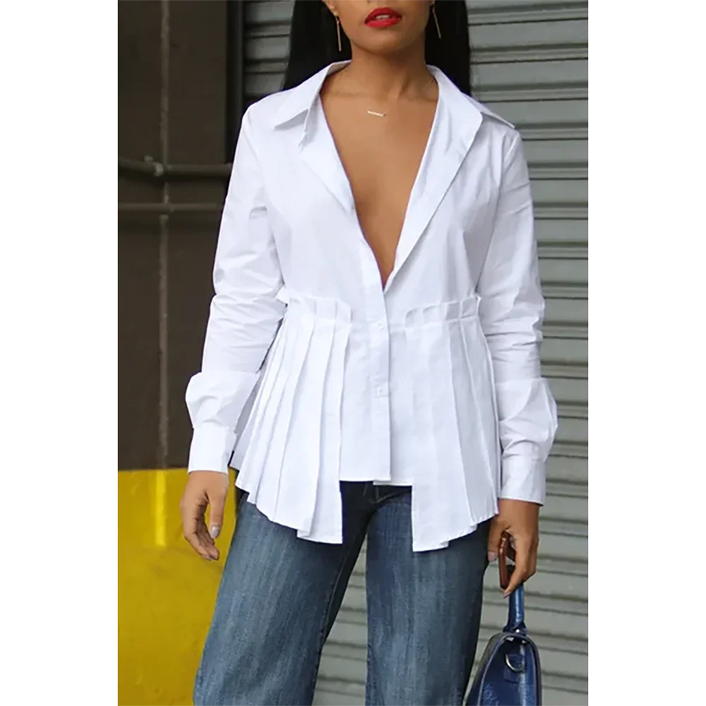 Plus Size Daily Shirt White Pleated Lapel Collar V-Neck Long Sleeves Shirt