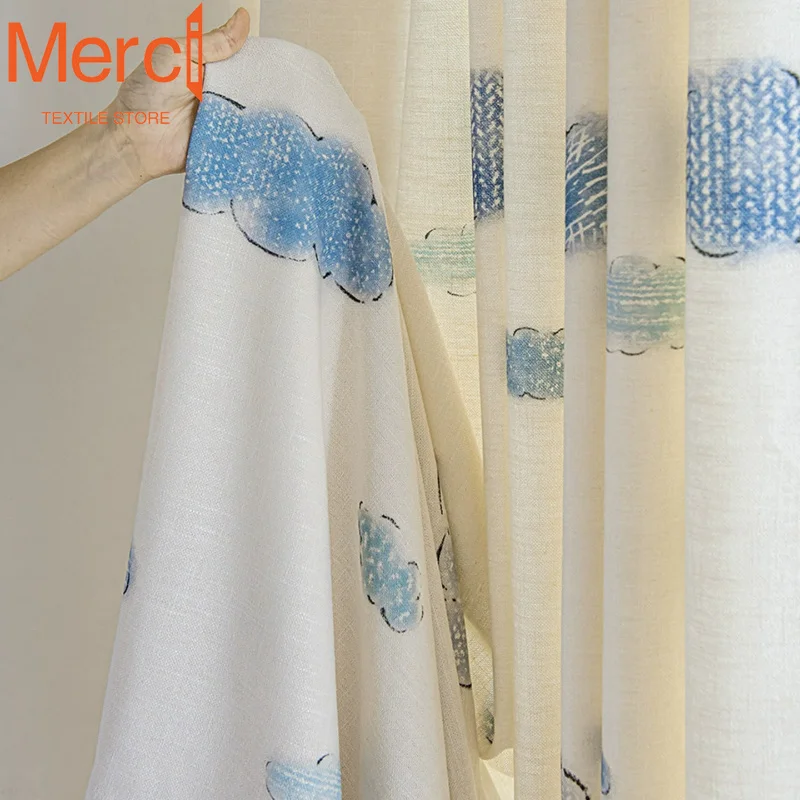High-end Children's Room Cotton Linen Blue Cloud Print Curtains Customized Semi-blackout Curtains for Living Dining Room Bedroom
