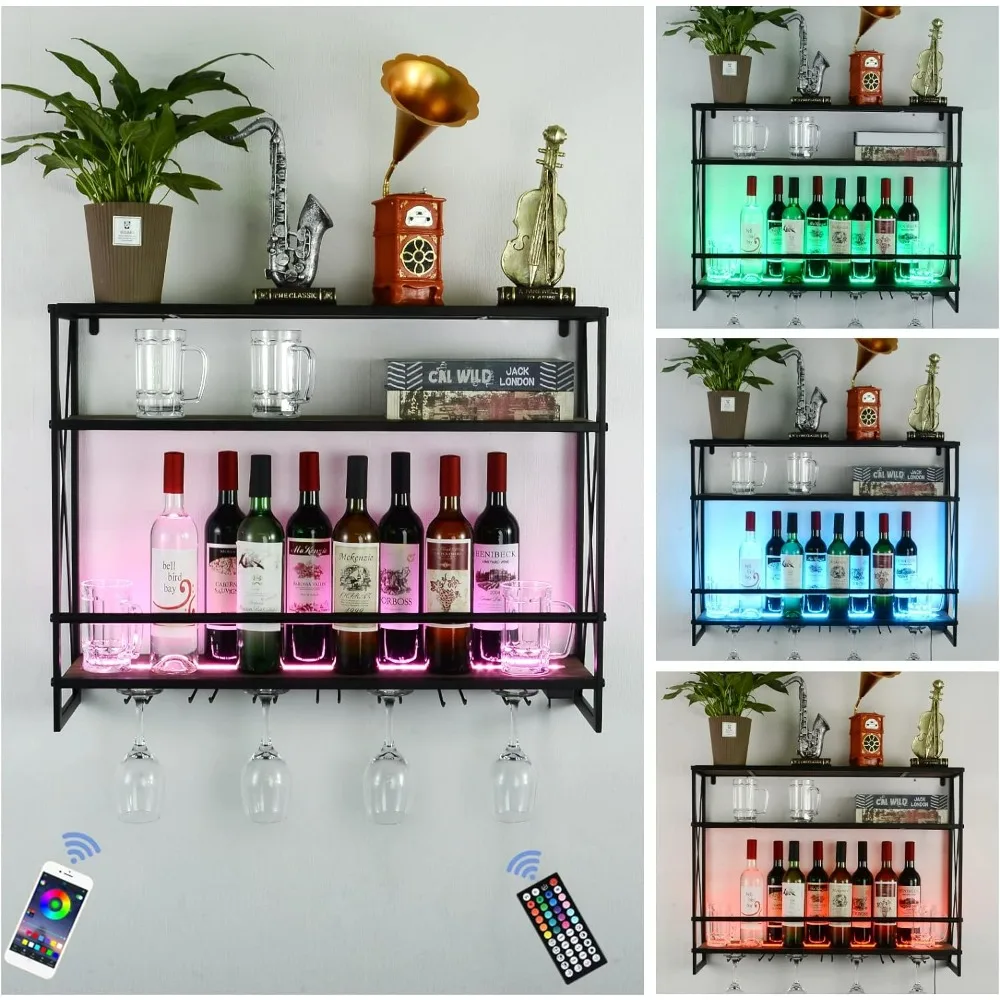 

LED Wine Racks Wall Mounted, Remote Control and 7 Stem Glass Holders,Rustic Bottle Holder 3-Tiers Bar Shelves