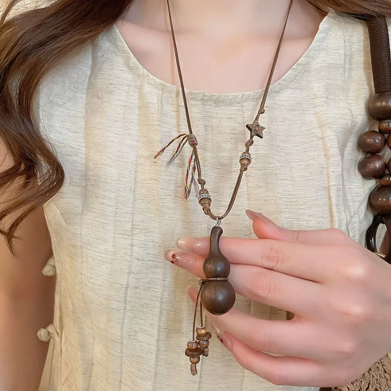 Minar Ethnic Ceramic Coconut Husk Star Wood Bottle Gourd Pendant Necklaces for Women Long Adjustable Rope Sweater Chain Choker