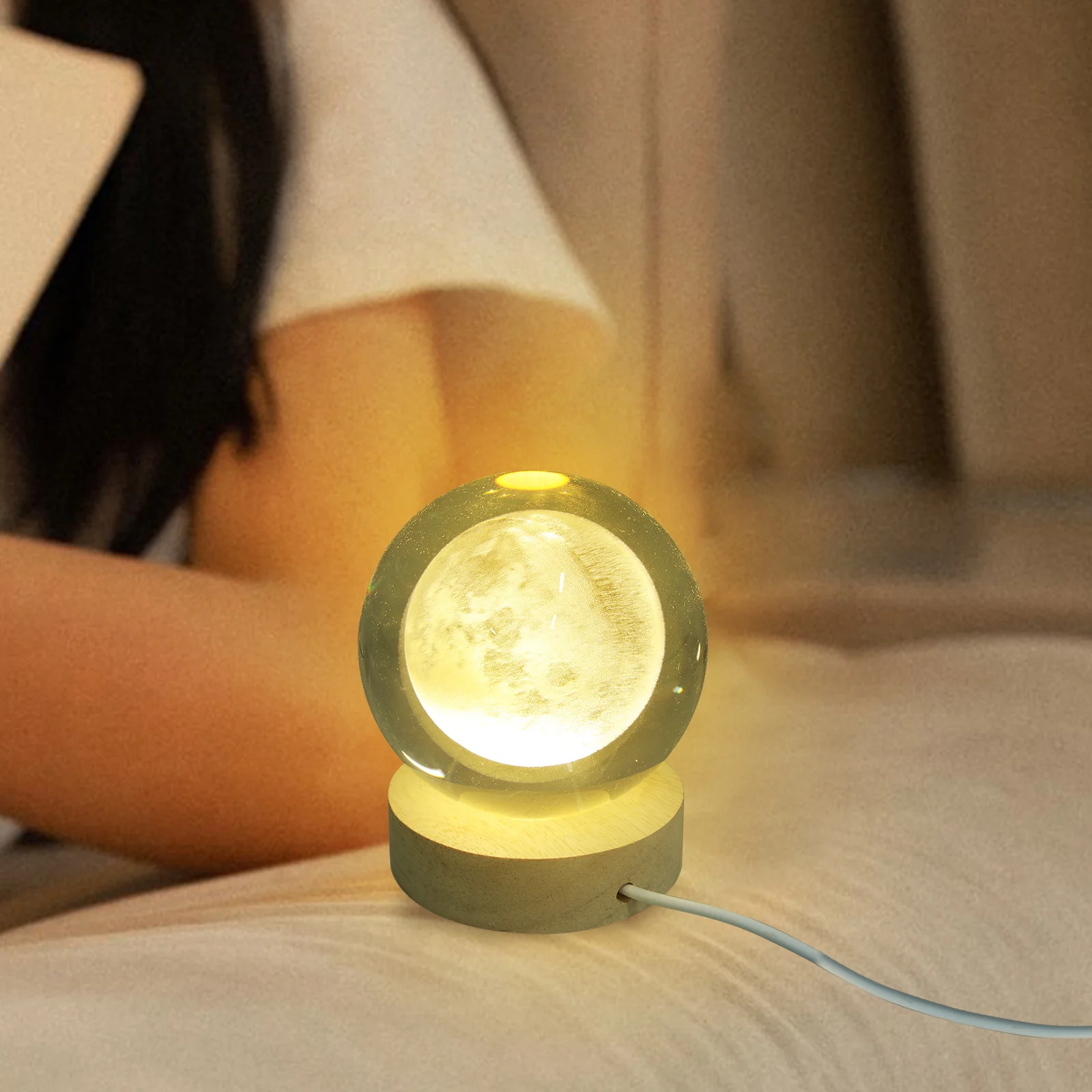 

3D Engraved Crystal Ball Night Light USB Powered Moon Lamp Soft Soothing Light Ideal for Adults Bedroom Decorations