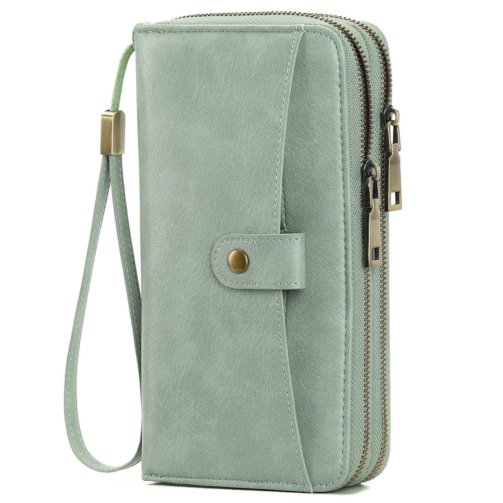 Women PU Leather RFID Blocking Long Wallet Clutch with Wrist Strap Snap Closure Multi Zipper Card Holder Ladies Travel Purse