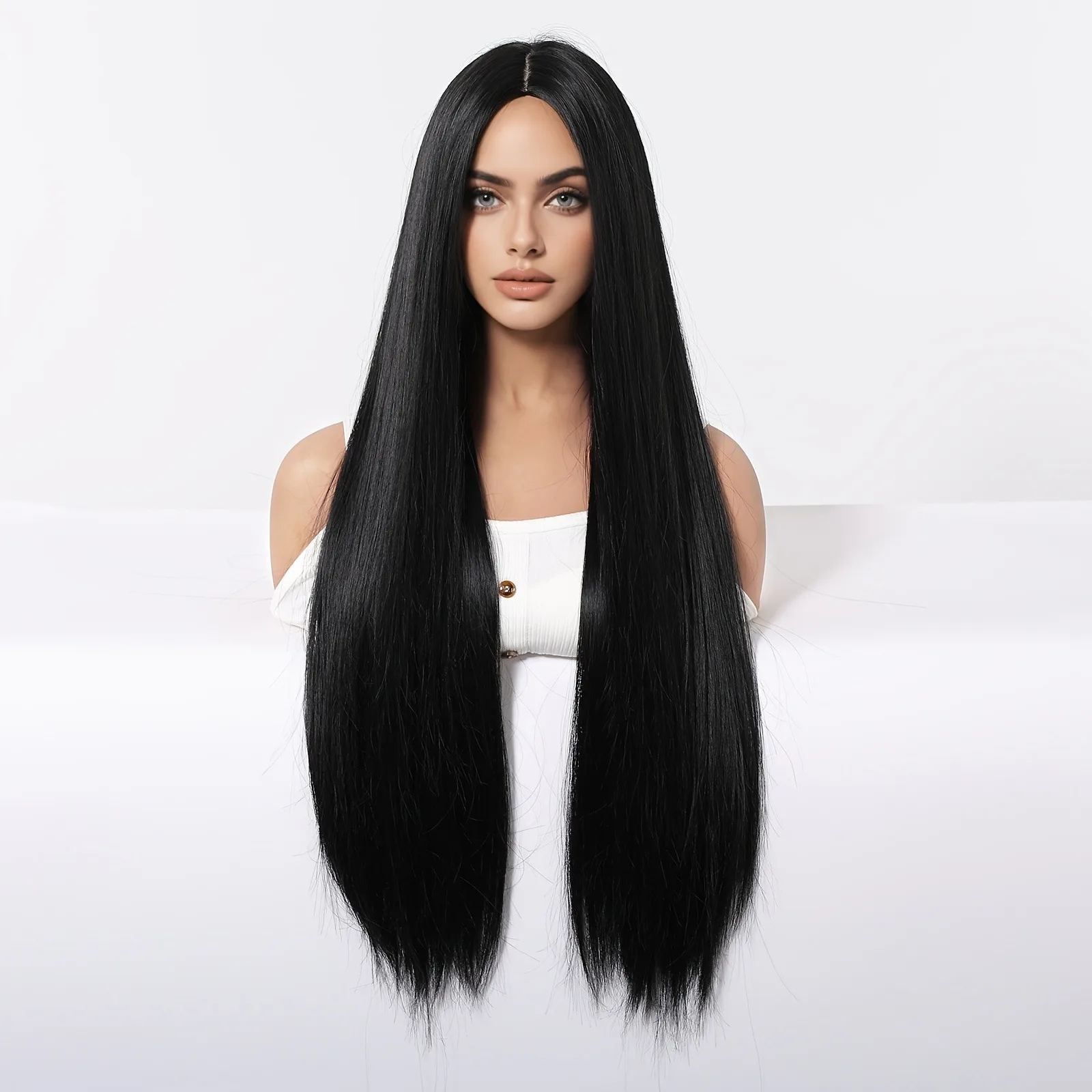 Elegant 28 Inch Black Straight Synthetic Wig for Women, High Temperature Fiber, 150% Density, with Rose Net Cap, for Parties and image 2