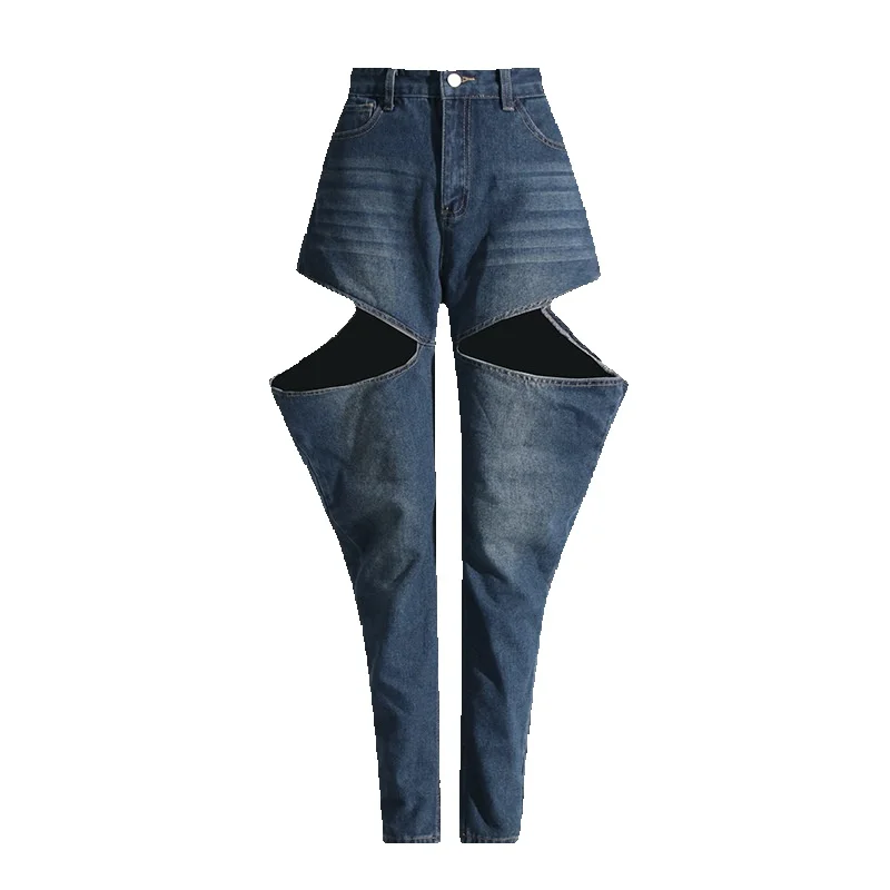 Jeans lavati 2024 primavera nuova moda Design personalizzato sensazione scava fuori pantaloni piedi Slim a vita alta per le donne