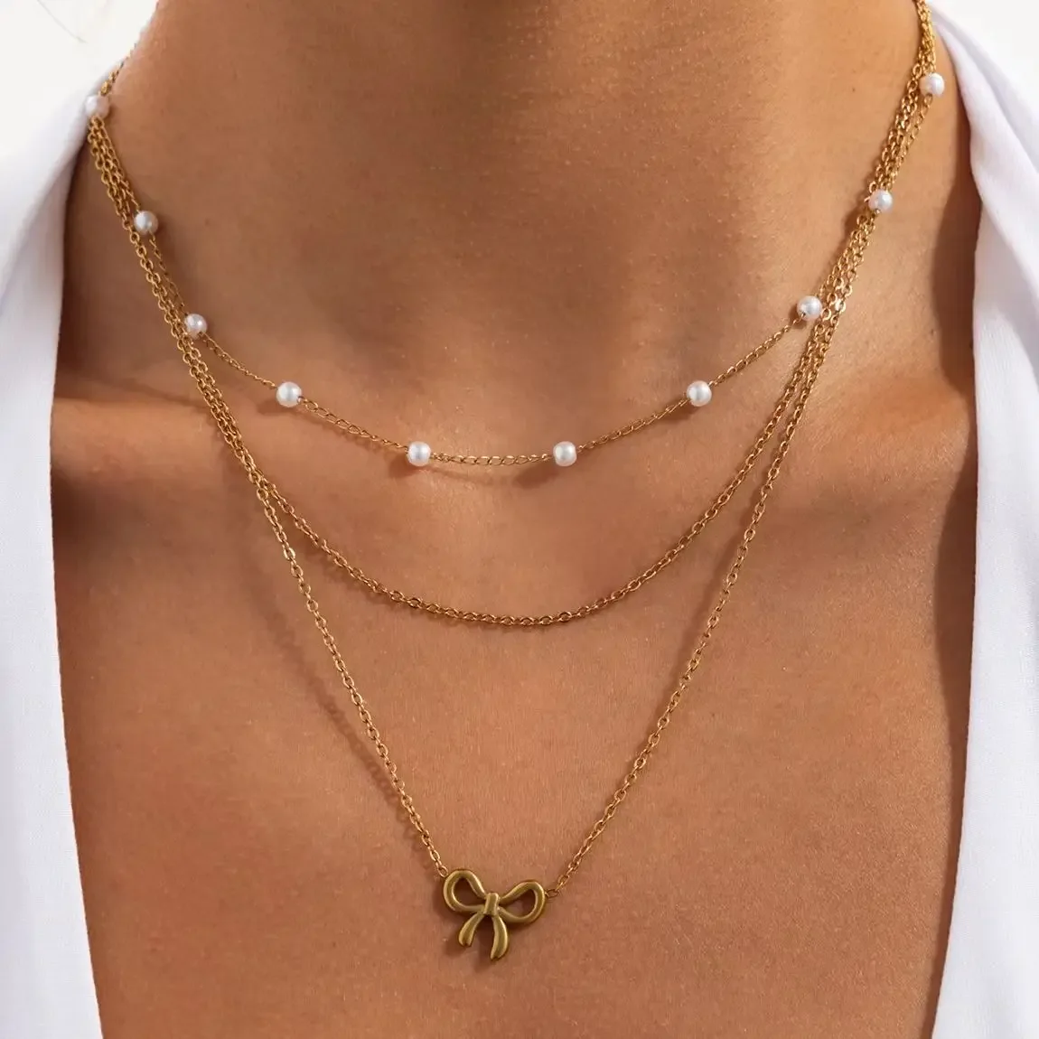 3Pcs/Set 18K Gold Plated Stainless Steel Choker Necklace for Women Sweet Imitation Pearl Bowknot Pendant Clavicle Chain