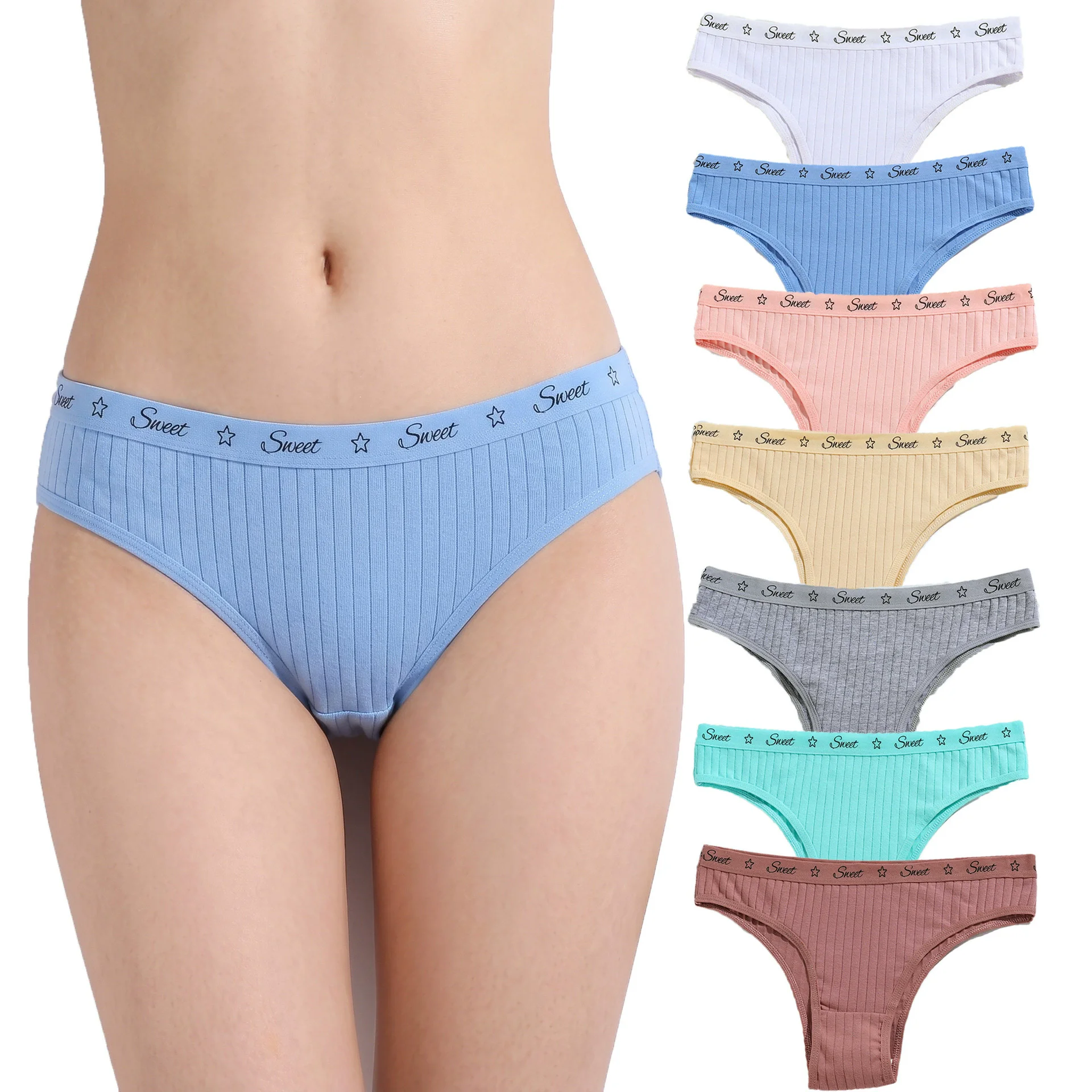 7Pcs Solid Color Threaded Low Waist Triangle Pants With Lace Edges And Seamless Breathable Underwear For Women's Triangle Pants