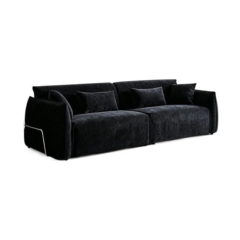 French retro sofa, small apartment living room straight row, black fabric sofa