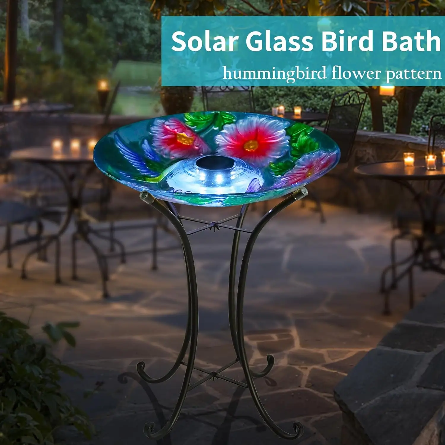حمام الطيور الزجاجي الذي يعمل بالطاقة الشمسية مع أضواء LED وحامل معدني لديكور الحديقة، يجذب الطيور