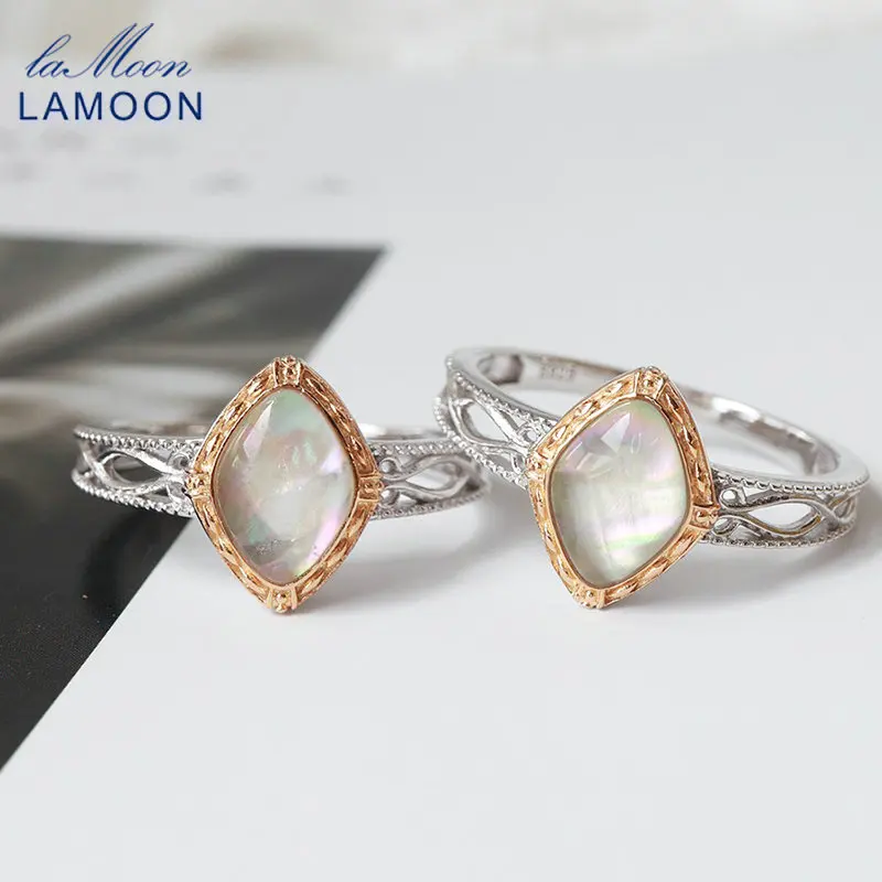 

LAMOON Vintage Bijou Natural Crystal Shell Ring For Women 925 Sterling Silver Double Color K Gold Plated Jewelry Accessories