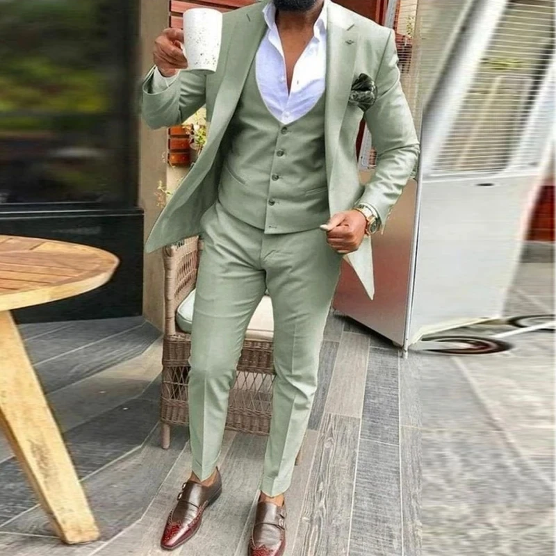 Light green Suits Men Suits 3 Pieces Wedding Wear Business Male Groom Wedding Dress Jacket Vest Pants Set Blazers Coat