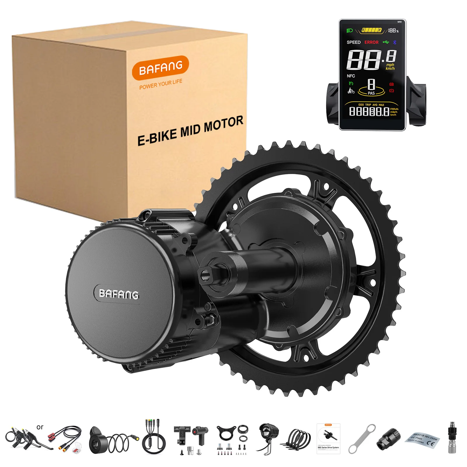 Bafang 250W 48V Middle Motor BBS01B Electric Bicycle Pedelec Ebike Conversion Kit LCD Display Chainring for Mountain City Bike