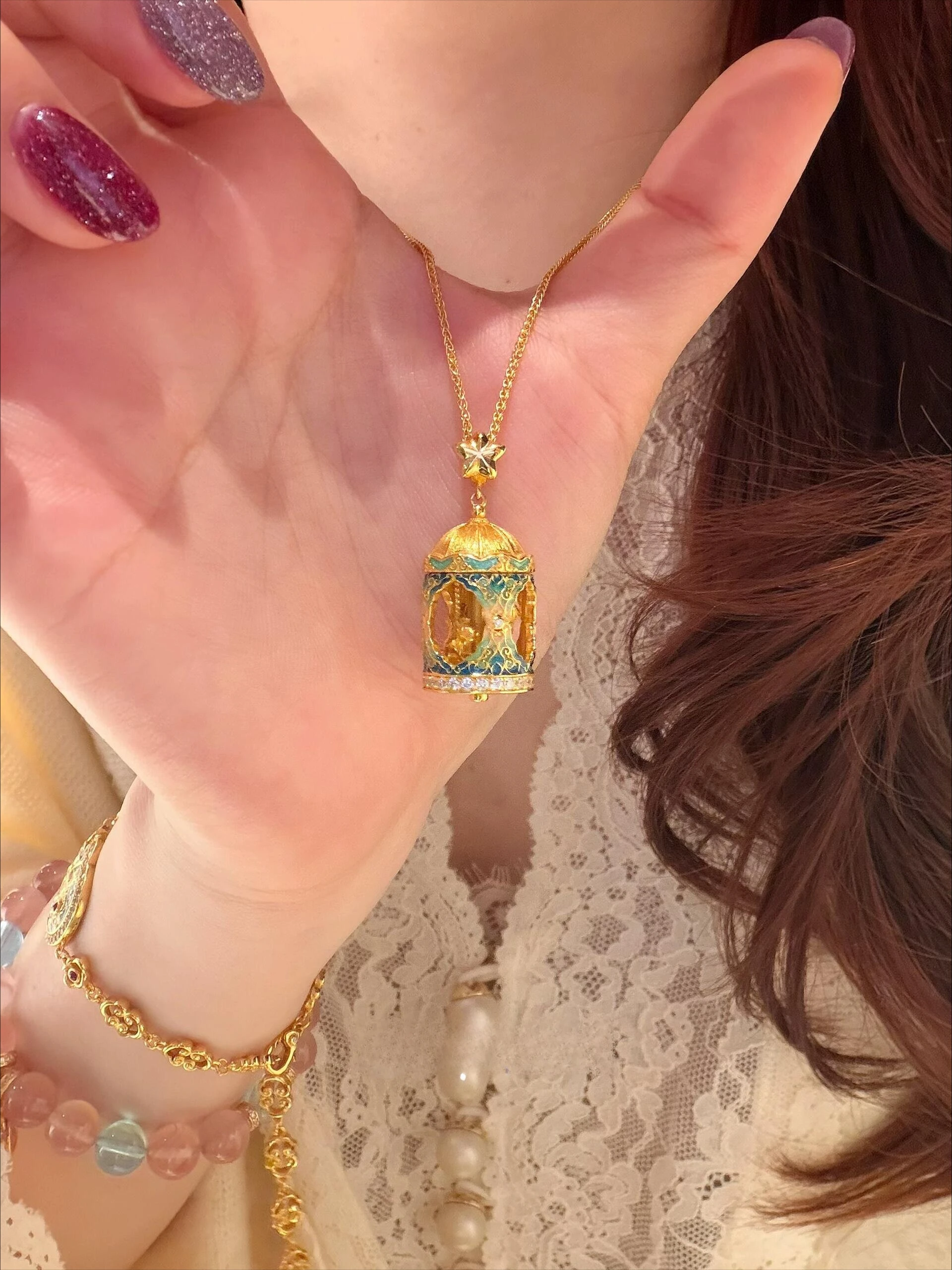 Ancient Gold Carousel Pendant Necklace, Enamel Hollow Design, Collarbone Chain, Niche