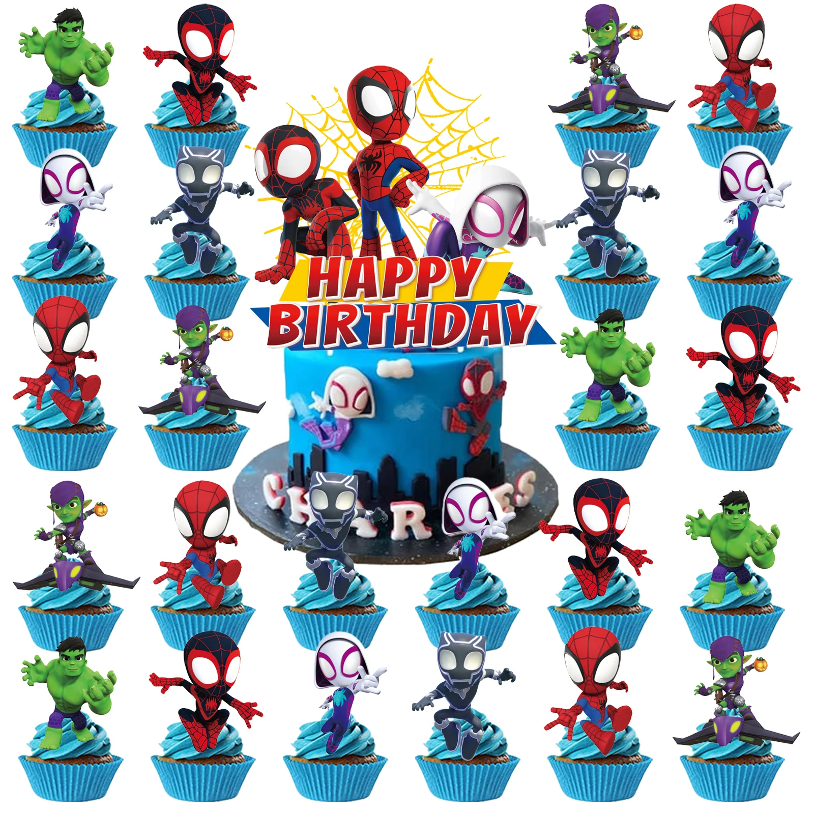 25 قطعة من أغطية الكيك Spidey and His Amazing Friends، أغطية الكب كيك، Spidey وديكورات عيد ميلاد أصدقائه المذهلة، الرجل العنكبوت #1