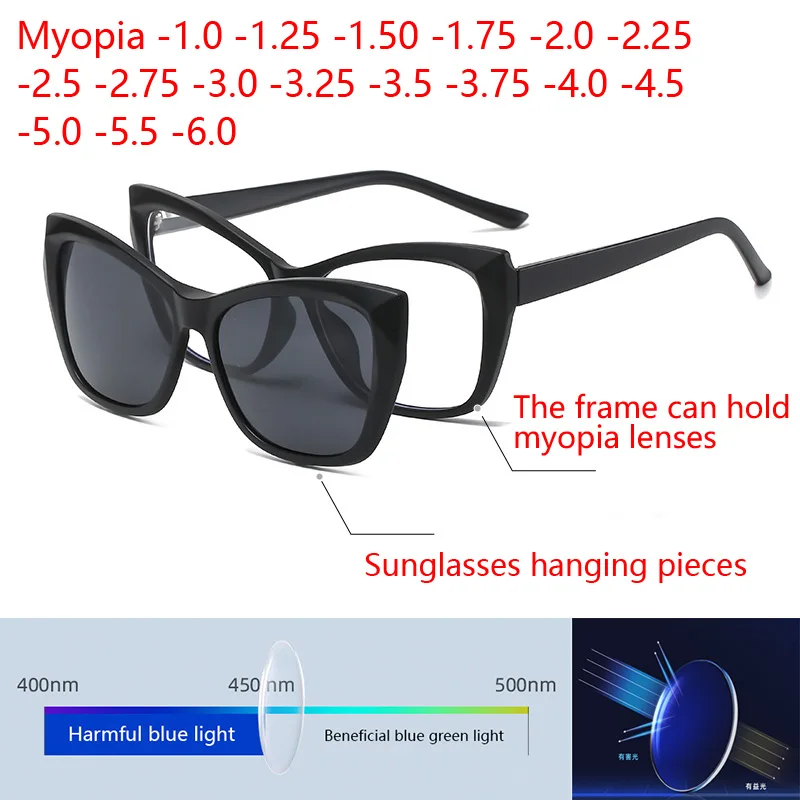 

2 In 1Prescription Glasses For Myopia -0.5 to -10 Men Women Cat Eye Magnetic Sunglasses Clip Blue Light Blocking Shortsighted