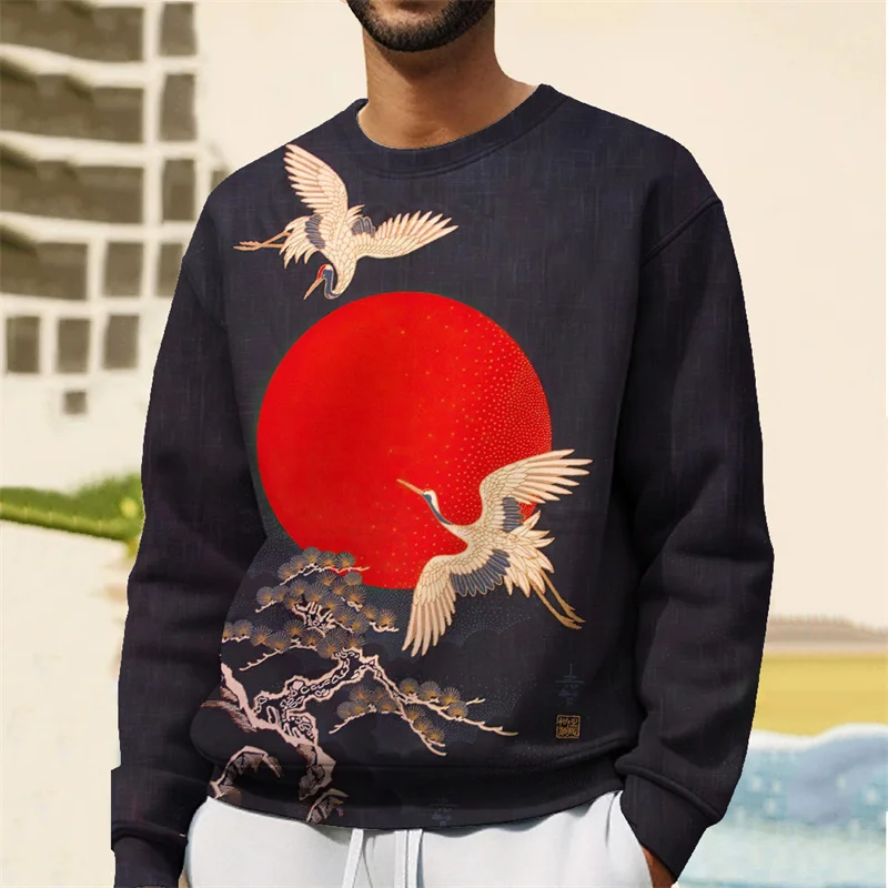 

3D Printed Crane Red Sun Graphic Men's Sweatshirt Loose Round Neck Long Sleeve Pullovers Fashion Breathable Quick Drying Clothes