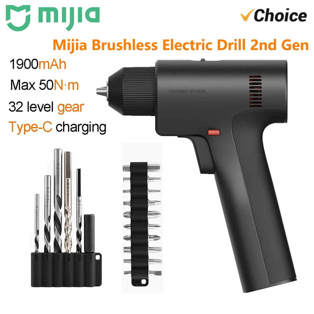 Furadeira Elétrica Sem Escovas MIJIA 2ª Geração, Torque Máximo de 50N·m, 1900mAh, 32 Níveis de Velocidade, Motor Sem Escovas de Alto Desempenho, Tipo-C -CN