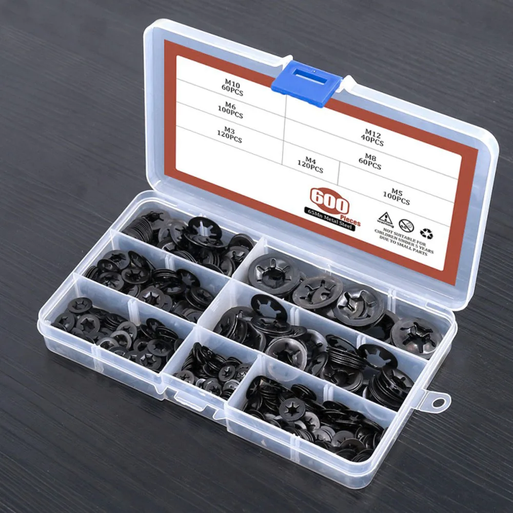 600pcs 7 Sizes Internal Tooth  Washers,Quick Speed Locking Washers,Push Nuts,Speed Clips Retaining Clips Assortment Kit