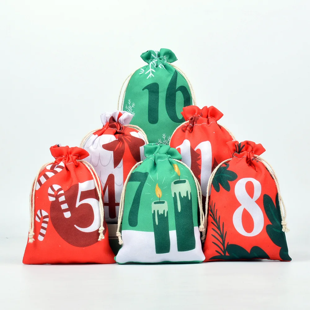 72pcs/lot Christmas Calendar Hanging Bag Cotton Linen Drawstring Bags With Wooden Clips And Hemp Rope Gift Candy Packaging Pouch