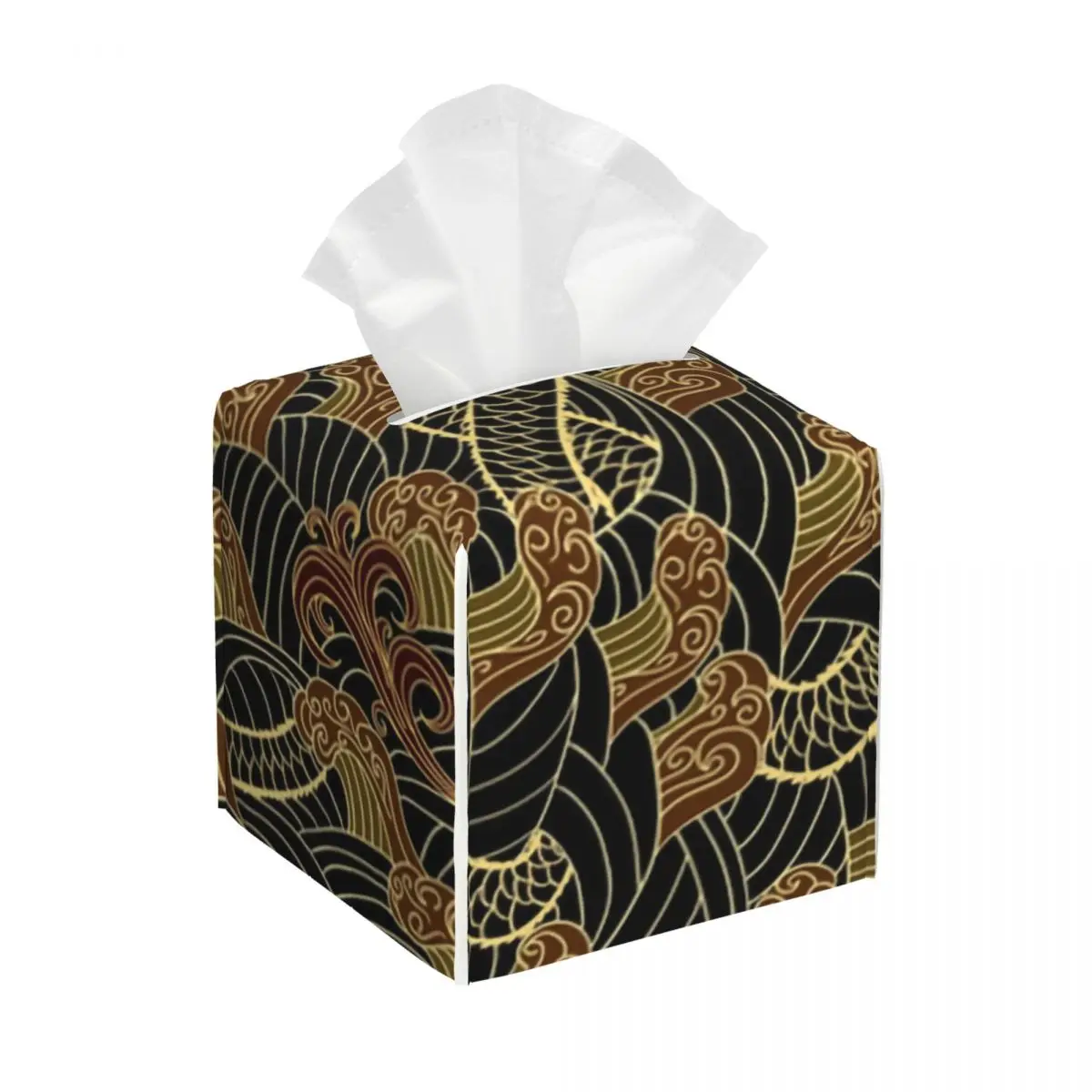 Custom Black And Gold Dragons Tissue Box Cover for Bathroom Home Japanese Wave PU Leather Square Facial Tissue Box Holder