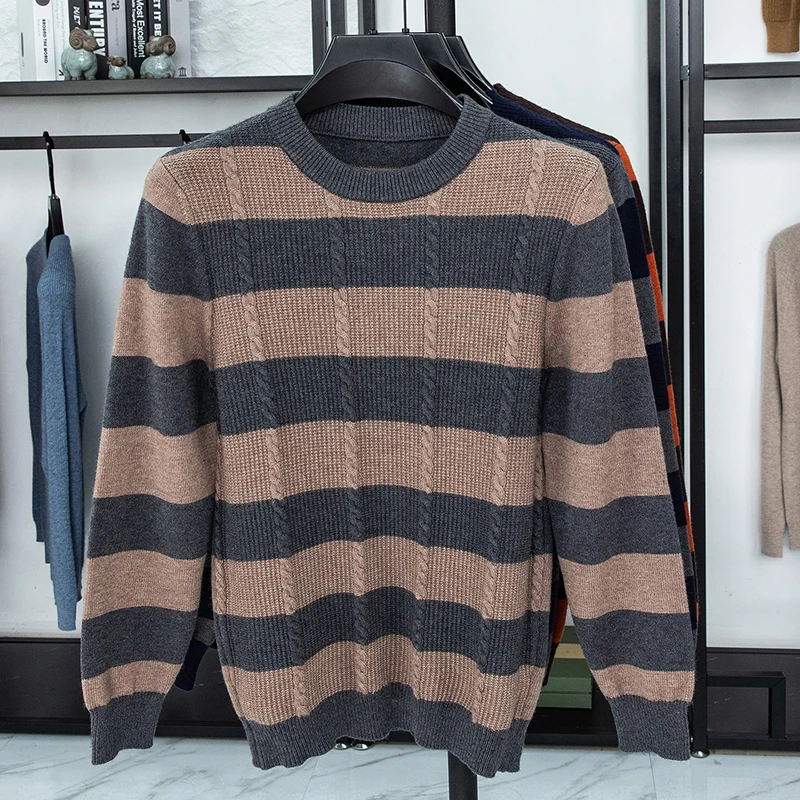 Men's Luxury Knitted Sweater Round Neck Long Sleeve Striped Pullover Autumn Winter Fashion Casual Classic Versatile Warm Men's
