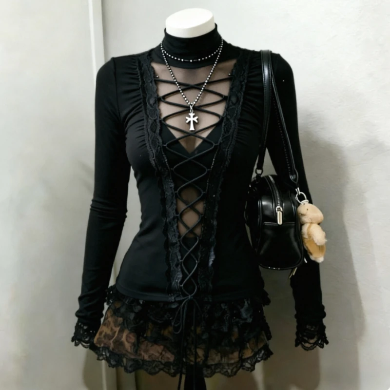 Vintage 2000s Retro Streetwear Long Sleeve T-shirt Women Y2K Gothic Punk Japanese Subculture Harajuku Daily Casual Tops Tees