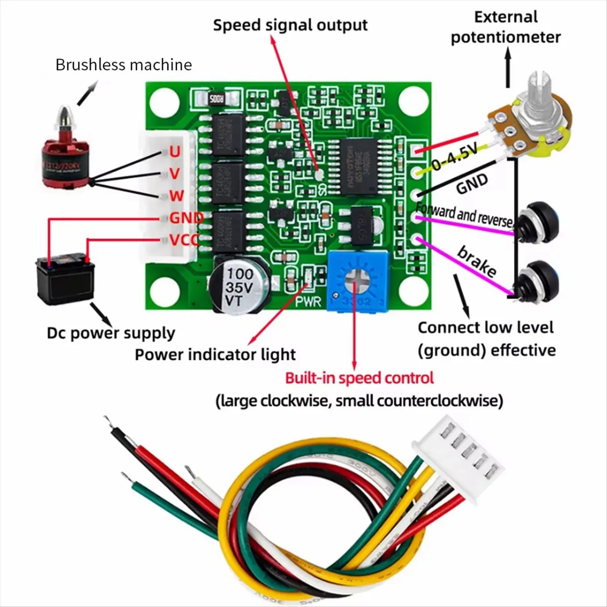 AA80 DC 6-20V 60W 12V Brushless Motor Driver Board BLDC Speed Controller 3-Phase Governor Hallless Switch Module with Cable