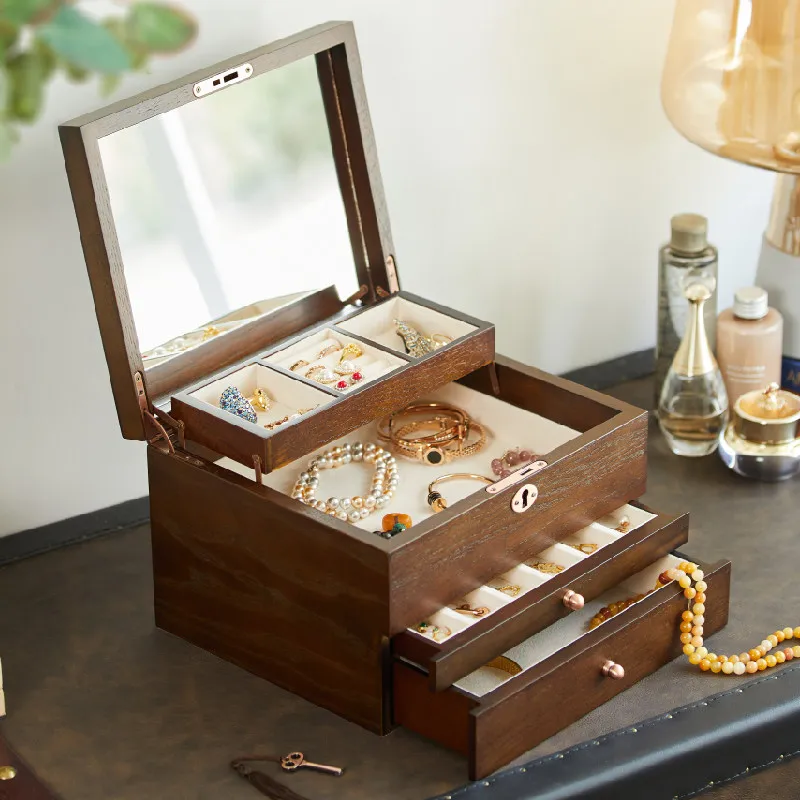 

Creative New Chinese Style Jewelry Box Wood Tabletop Ornament Multi-layer Ring Necklace Storage Box Space-saving Jewelry Display