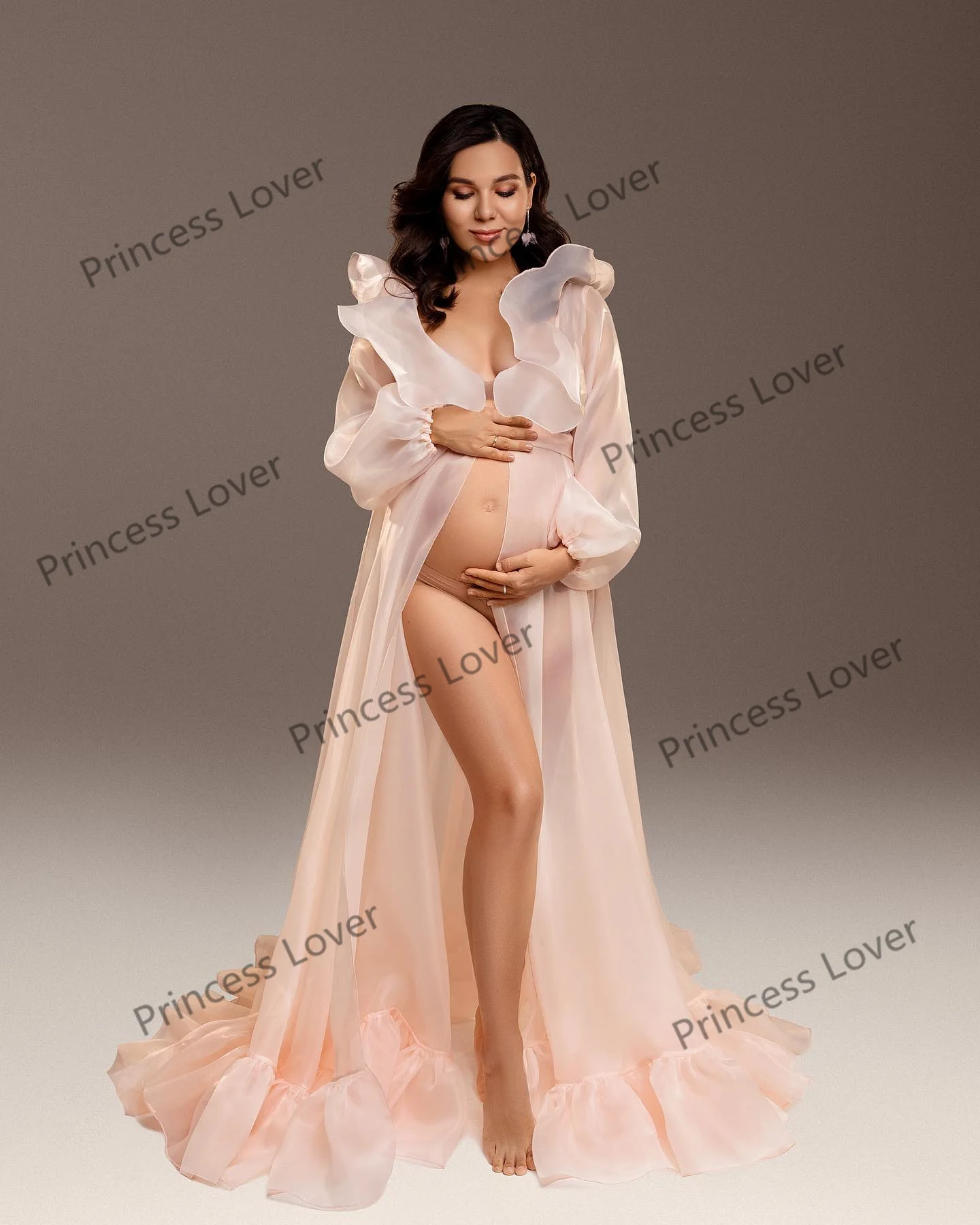 Light Pink Prom Dress for Pregnant Women Ruffles Neck Puff Sleeves Photography Dressing Gown Illusion robe de mariee