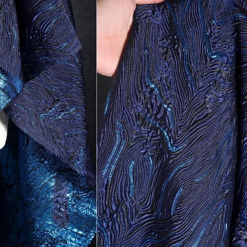Deep Blue Sea Gold Silk Twill Jacquard Cotton Fabric Pleated Three-dimensional Texture Jacket Suit Designer Fabric