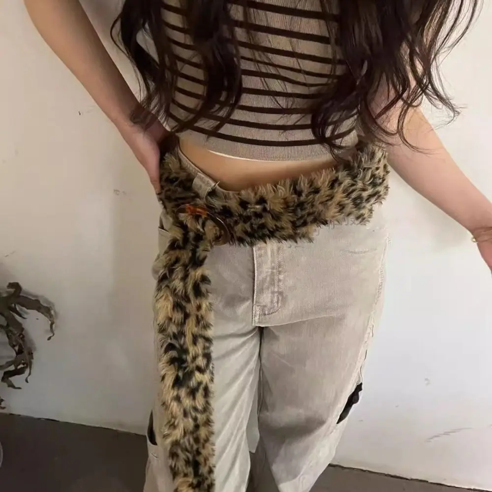 Peludo leopardo impressão cinto de pelúcia fivela de resina y2k borlas de pelúcia cintura jeans decoração steampunk jazz dança trajes acessório