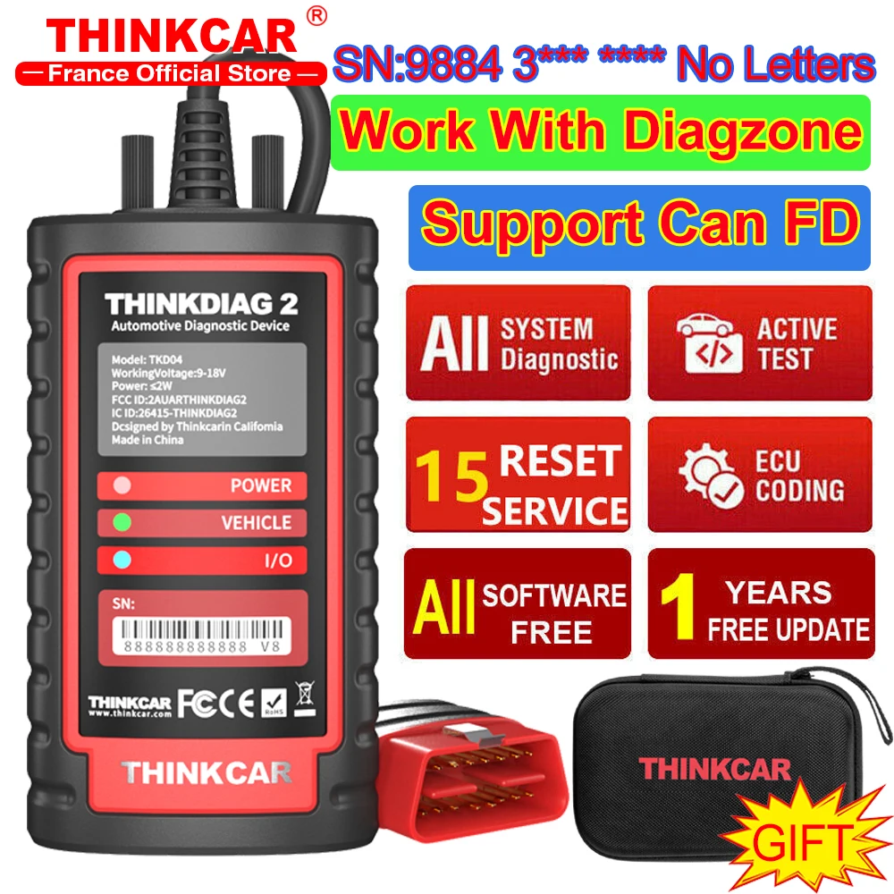 THINKCAR Thinkdiag 2 EDIAG PLUS ALL SYSTEM OBD2 Scanner Support CAN FD Fit For GM Car Brands Full Software 16 Reset Function