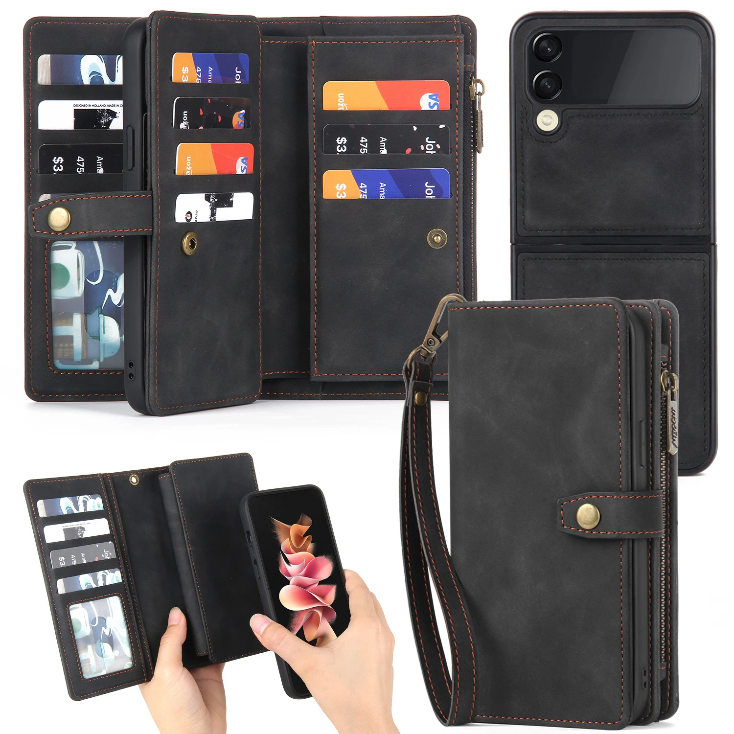 

Flip Leather Wallet Cover for Samsung Galaxy Z Flip4, Magnetic Buckle, Fall Prevention Phone Case, Zipper, Card Slot, Case 6.7"