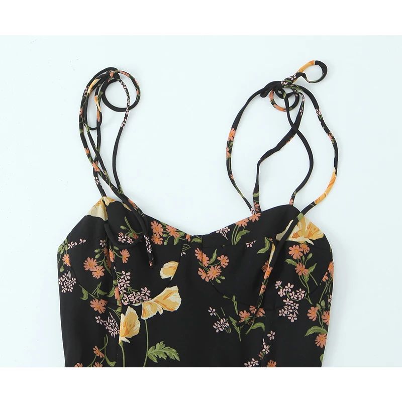 YENKYE French Style Vintage Floral Print Sling Dress Women Sexy Front Slit High Waist A-line Midi Summer Dresses Holiday Robe
