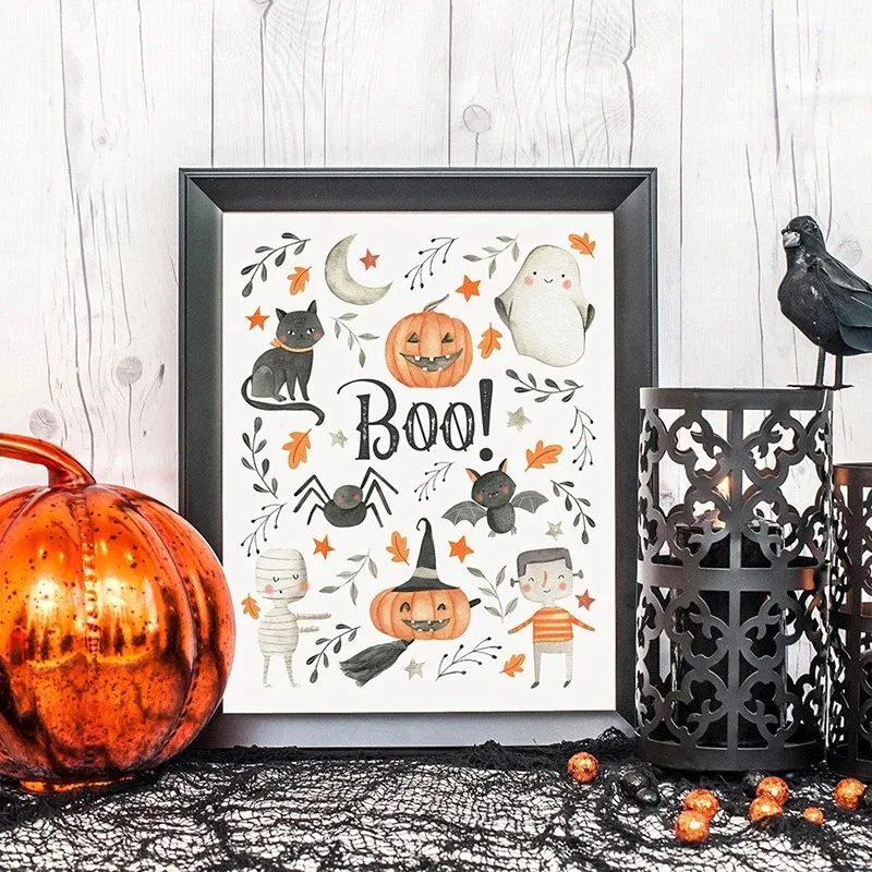 Fall Happy Halloween Poster Wall Art Pictures Canvas Print Autumn Cartoon Pumpkin Face Quote Kid Living Room Home Decor Paint