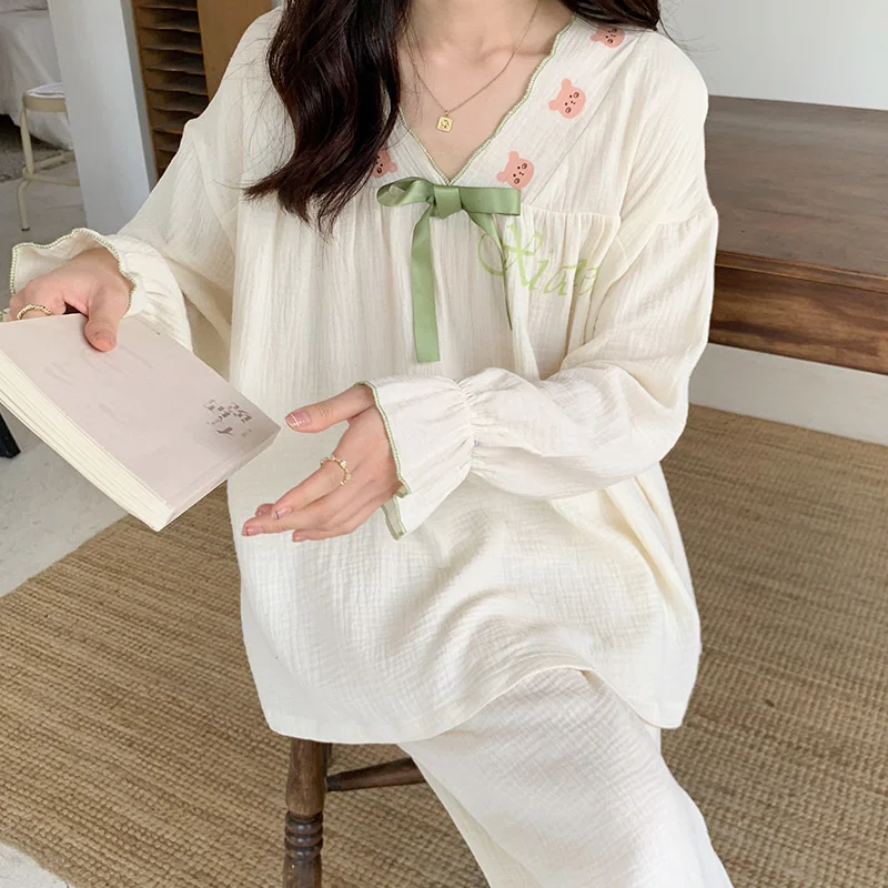 V-neck Pajamas with Pullover Spring and Autumn Loose Loungewear Cute Girl Dorm Sleepwear Long-sleeved Trousers Set Nightwear