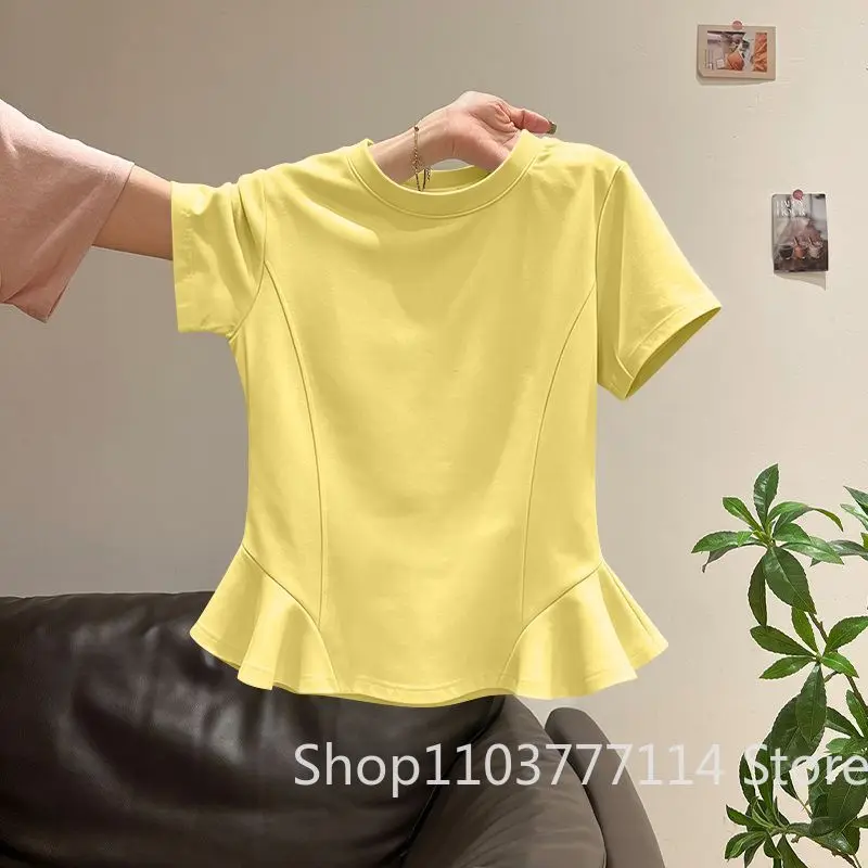 Sommerliches Damen-T-Shirt mit kurzen Ärmeln, einfarbig, lässige Kleidung, koreanische Version, schmal geschnitten, modisches Rundhals-Oberteil mit Rüschen – Detail 7