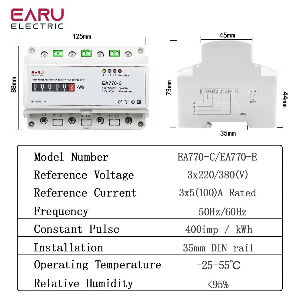 Three Phase Four Wires Din Rail Energy Meter Lcd Display 50/60HZ Electronic Power Comsumption Monitor kWh 3*5(100)A