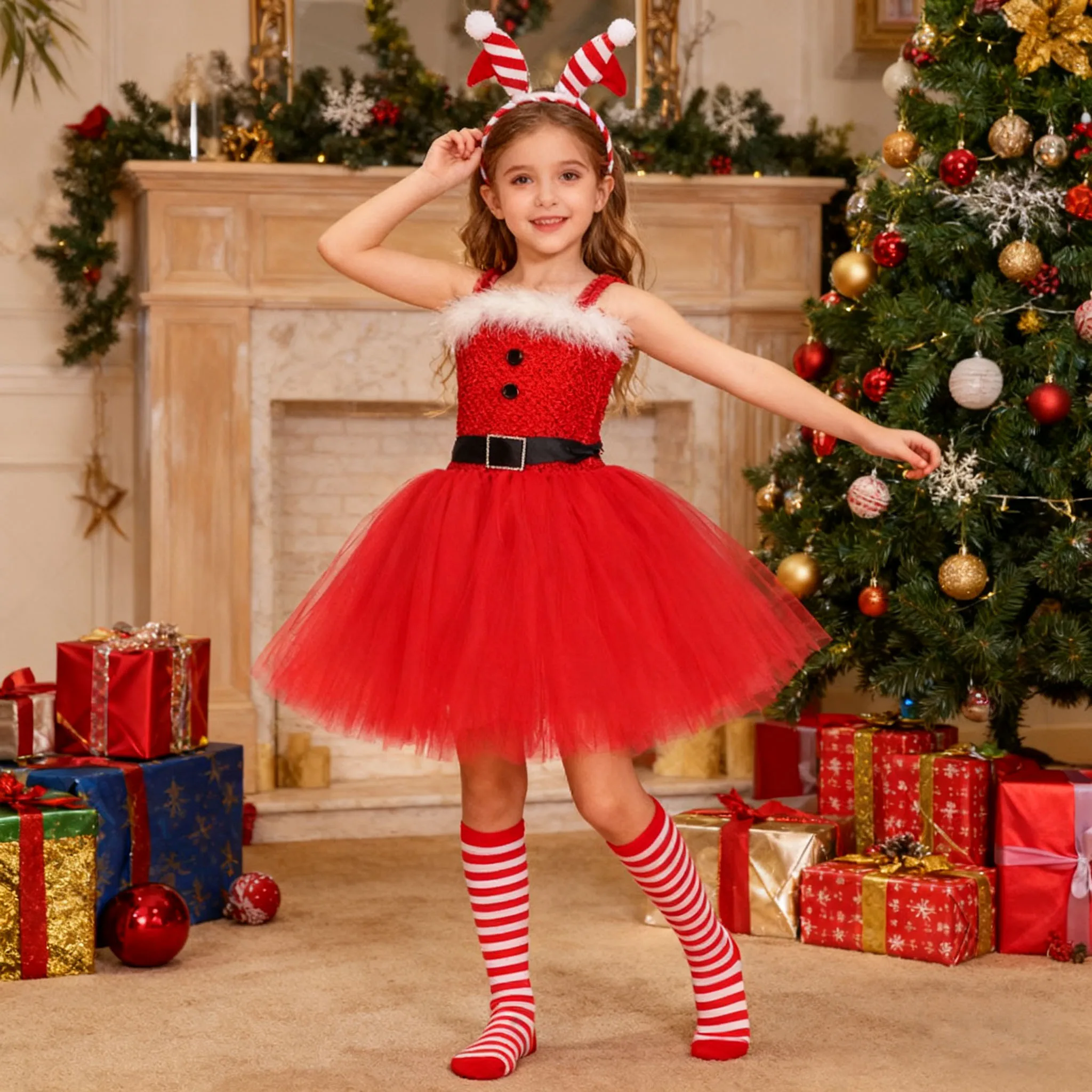 

Christmas Elf Tutu Dress For Girls Red Santa Claus Costumes With Socks Accessories Kids New Year Holiday Party Birthday Clothes